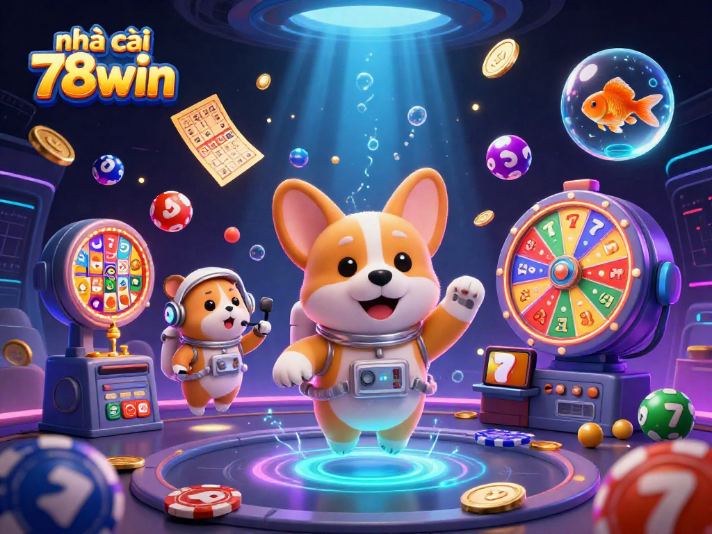 Engage with nhà cái 78win in this vibrant 3D casino scene with floating lottery balls and dynamic gaming elements.