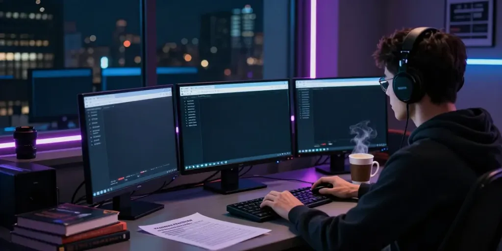 A user navigating the hidden wiki on a dark web explorer setup, showing multiple monitors and notes.