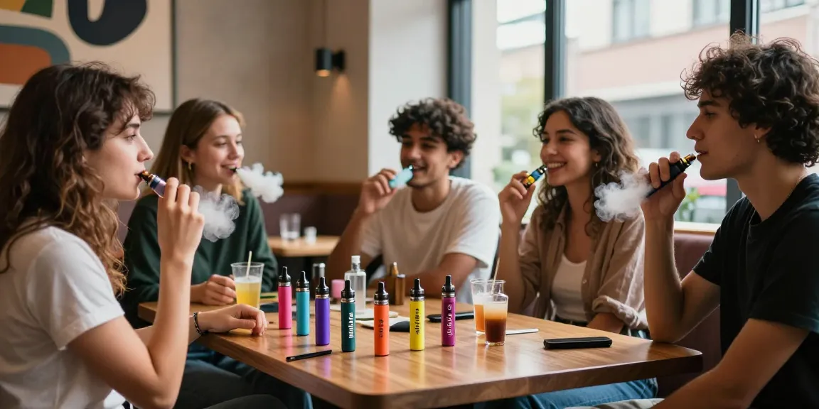 Group of friends enjoying muha meds vape products in a stylish lounge.