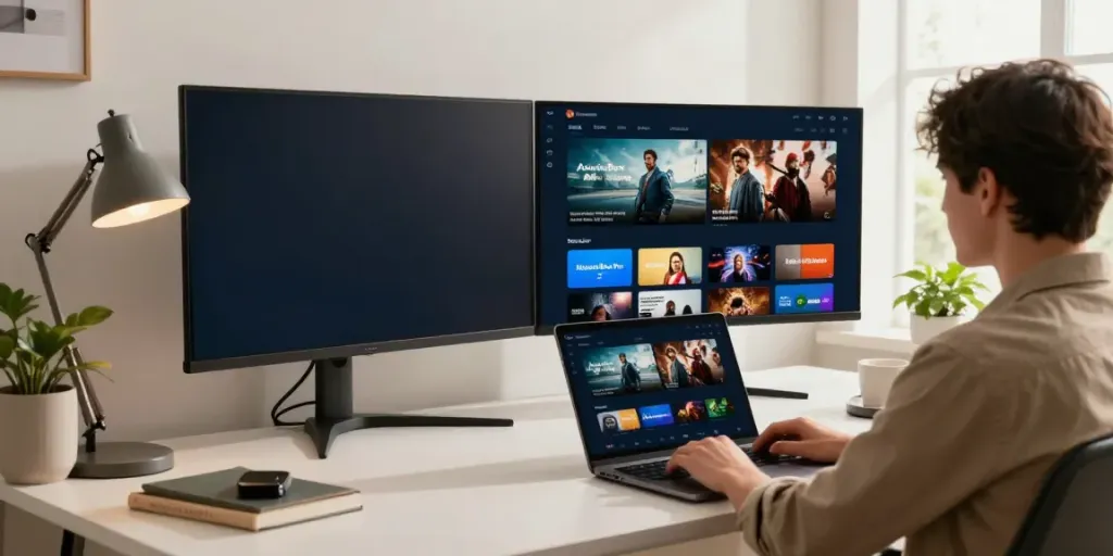 Enjoying MovieBox Pro Windows in a modern home office setup with streaming content on display.