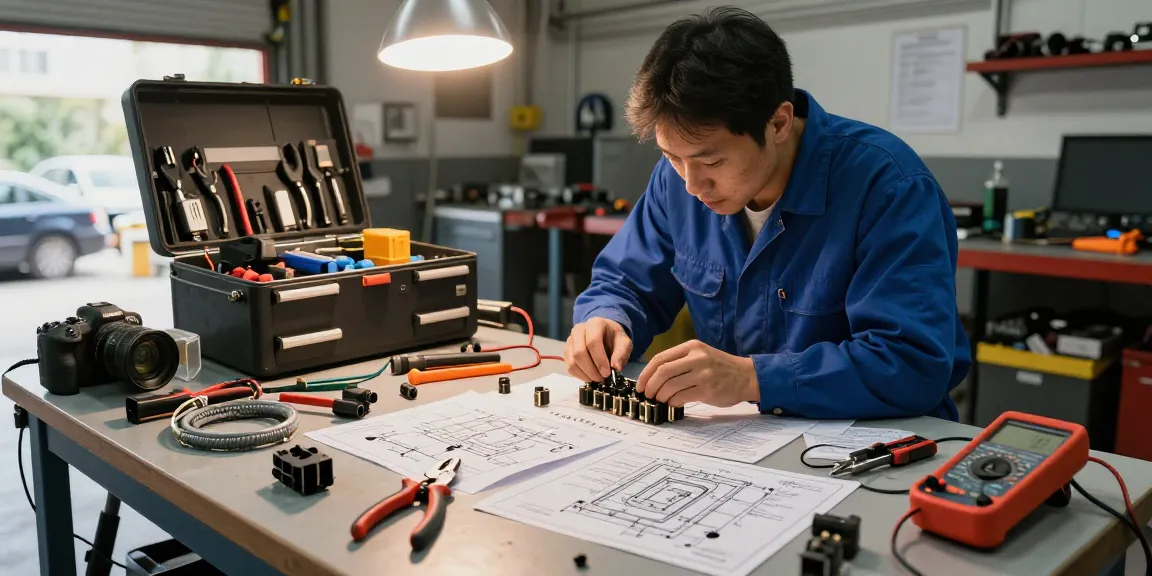Technician inspecting automotive connectors at a workshop, highlighting precise automotive connector solutions.