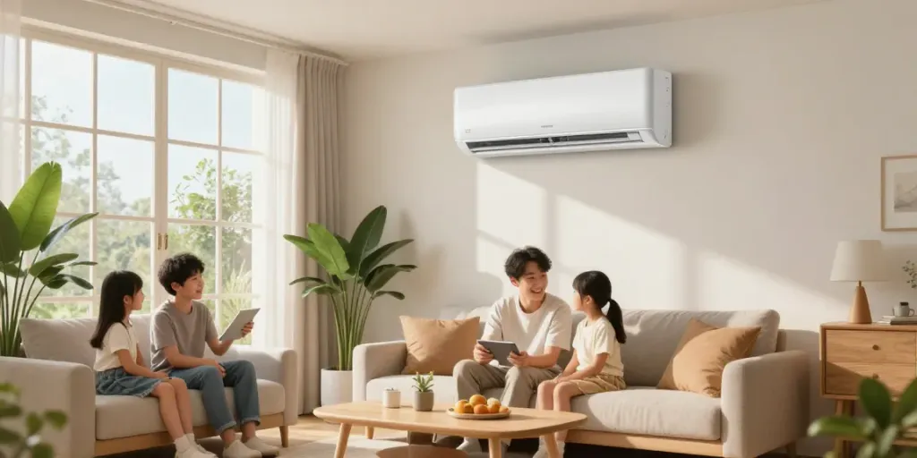 Family enjoying a cozy living room with a 24k btu mini split air conditioning unit visible.