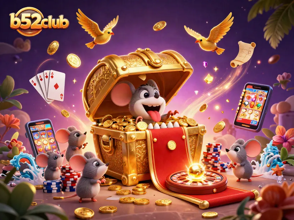 Experience thrilling adventures at b52club with vibrant casino scene including treasures and games.