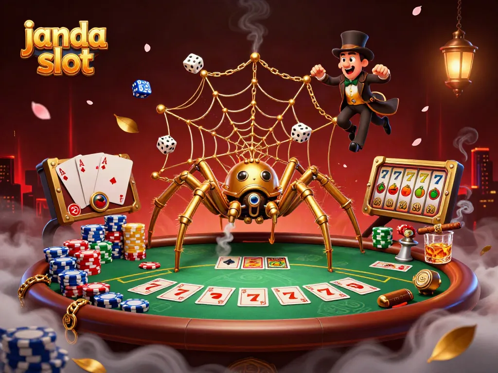 Ilustrasi 3D janda slot dengan laba-laba steampunk membangun jaring emas dan simbol slot