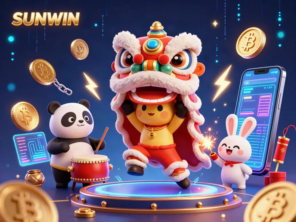 SUNWIN showcases exhilarating 3D animation with a lion dance, crypto coins, and vibrant casino elements for an engaging gambling experience.