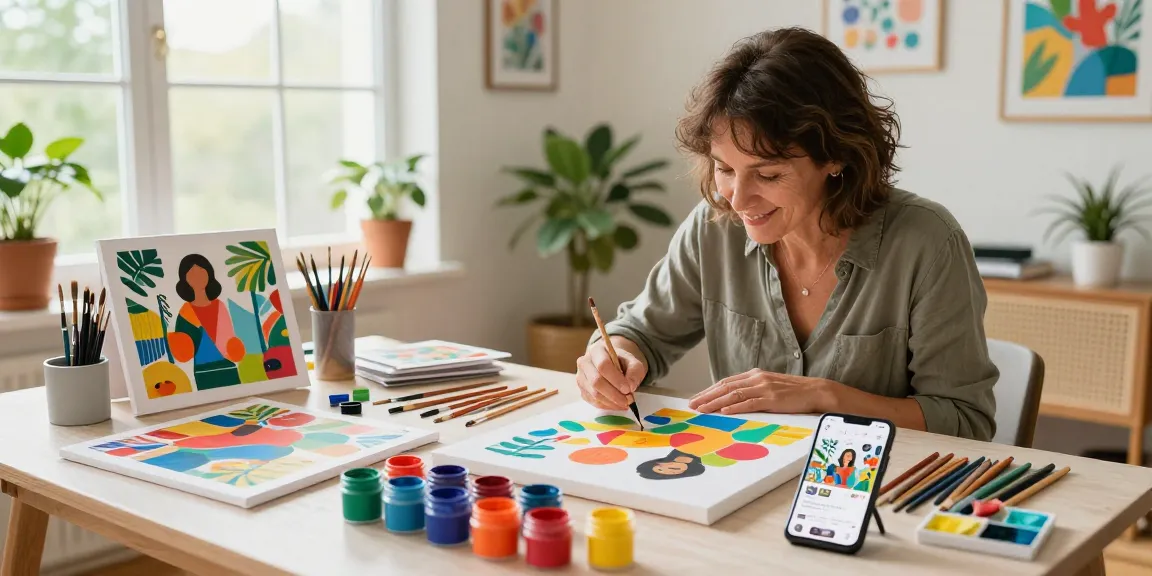 Engaged artist painting by number in a vibrant home studio, showcasing creativity and mindfulness.