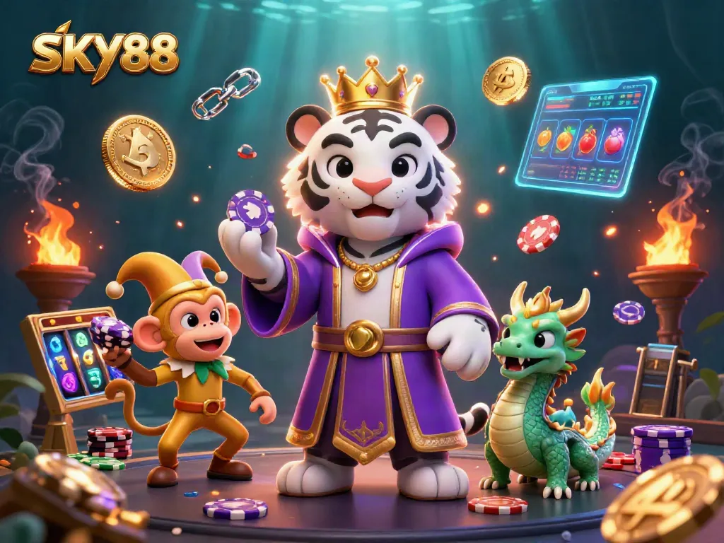 Win big at SKY88 with vibrant characters and lively gaming elements in a dynamic casino scene.