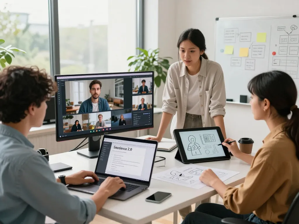Seedance 2.0 in action: diverse team collaborating in a bright digital workspace on video projects, showcasing modern creativity and technology.