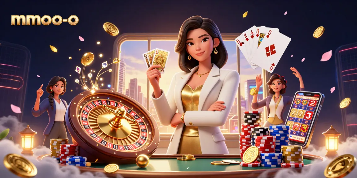 Experience thrilling gaming action at mmoo-o with a powerful businesswoman holding cards amidst cascading coins and shining gems.