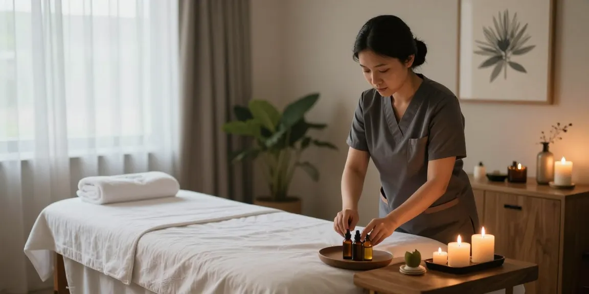 남양주출장안마 service set up in a calming spa room with a massage therapist preparing for a client.