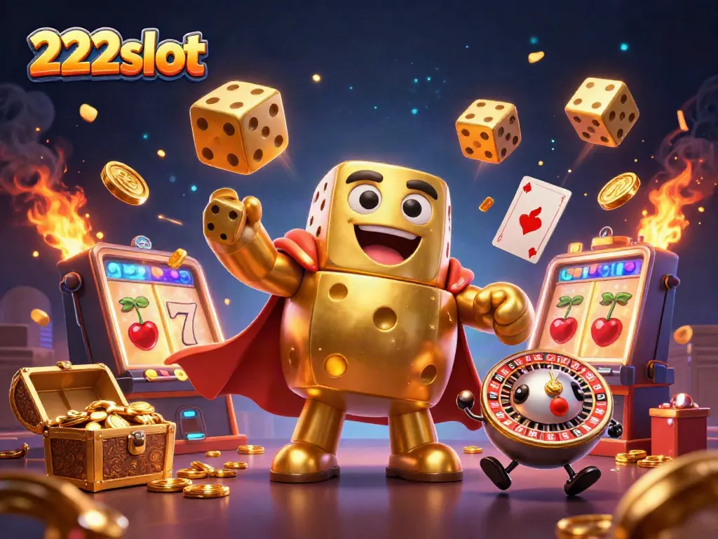 Gulir dadu emas dan mesin slot 222slot meledak dengan koin berkilau dan simbol keberuntungan dalam ilustrasi 3D.