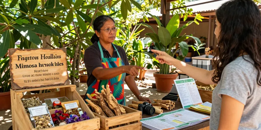 Mimosa hostilis root bark for sale showcased in a vibrant herbal marketplace.