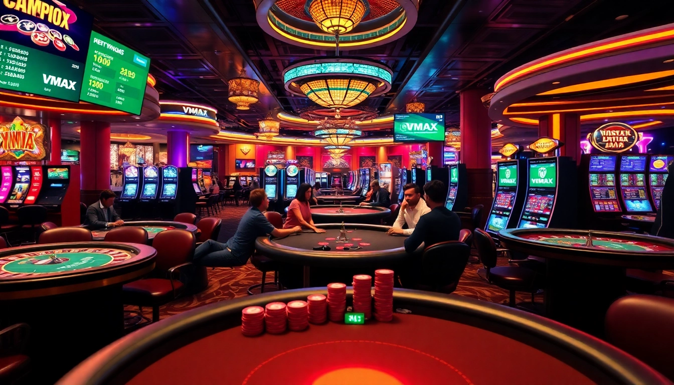 Experience the excitement of VMAX with players at a high-stakes poker table showcasing vibrant casino elements.