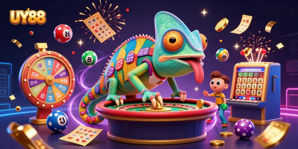 Experience the excitement of UY88 with vibrant casino elements and jackpot thrills in this stunning illustration.
