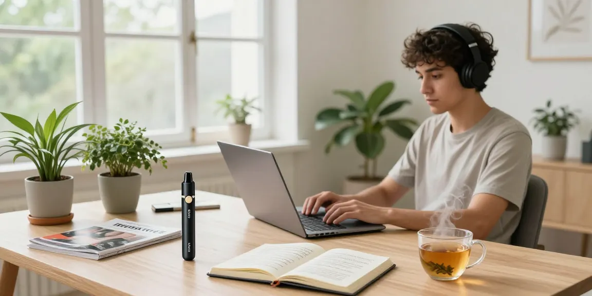 Muha meds disposable vape pen integrated in a peaceful home office setup with CBD wellness elements, promoting natural health.