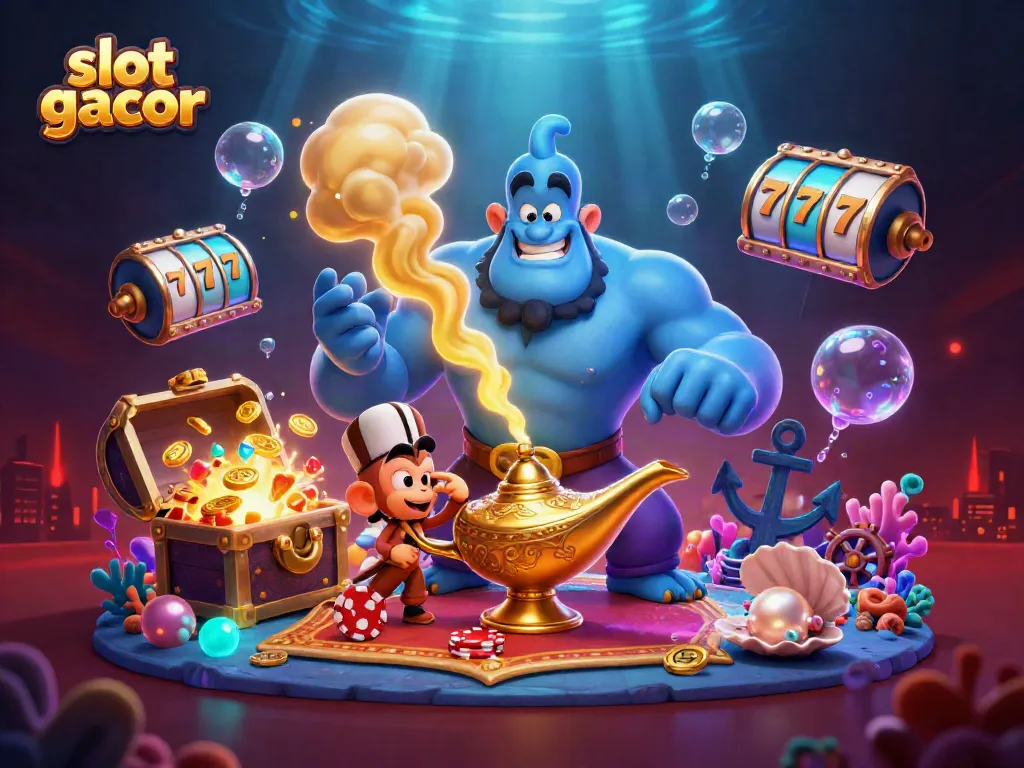 Experience the excitement of slot gacor with a magical genie scene bursting with vibrant casino elements.