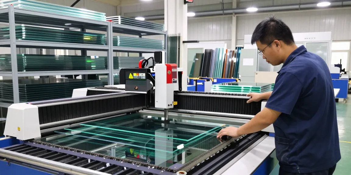 CNC glass cutting machine in action, showcasing advanced technology in glass processing industry.