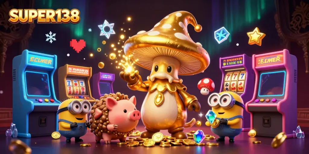 Engage with the magical world of SUPER138, featuring vibrant 3D characters and colorful gambling elements.