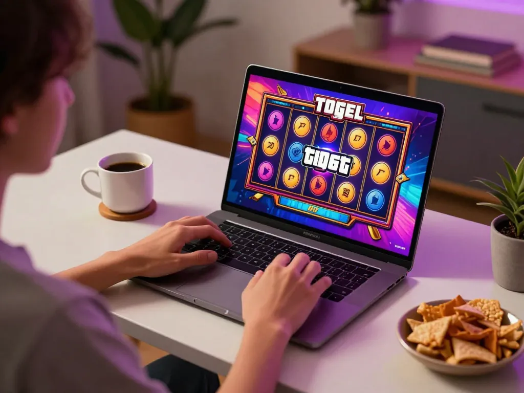 Engaging home gaming scene of a player enjoying Gta Togel slot game on laptop for a relaxed online experience
