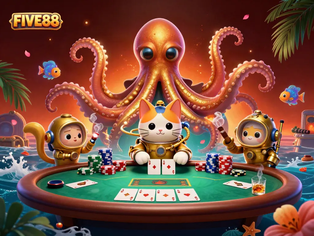 FIVE88 invites players to win at casino games in an animated scene of excitement and treasure.