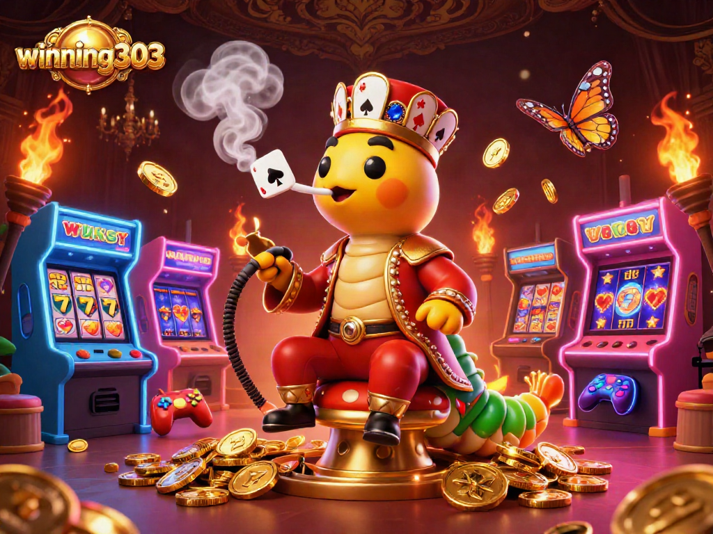 winning303 engages players with a vibrant scene of a cartoon caterpillar hookah-master amidst casino-themed elements.