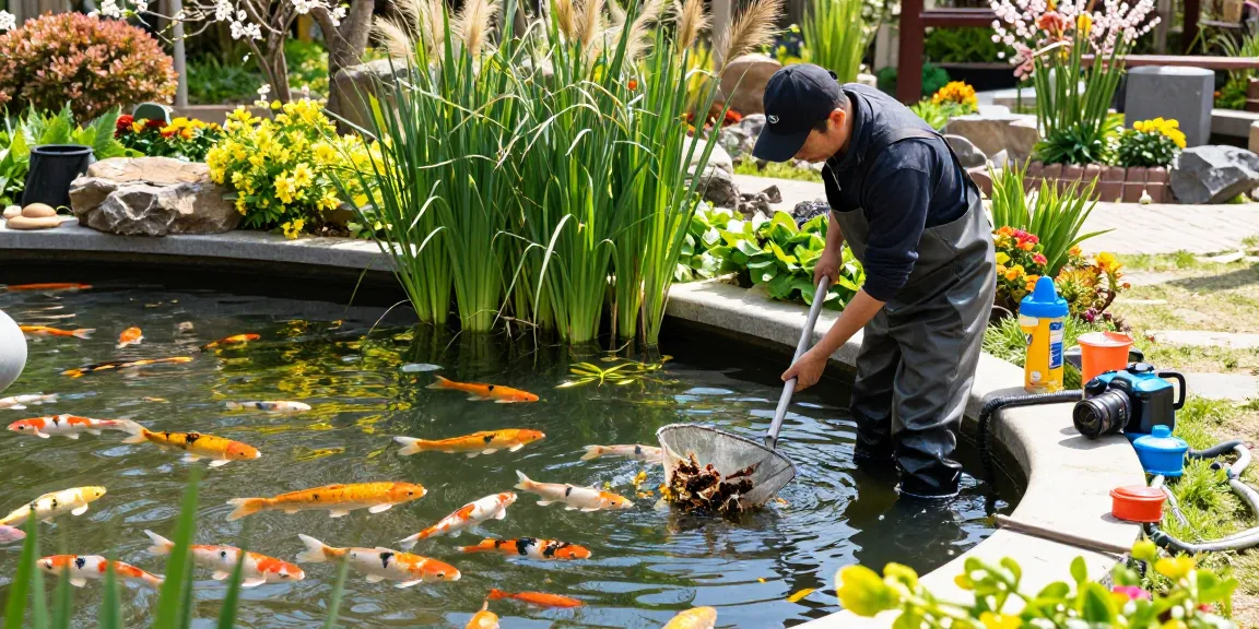 Professional pond cleaning Kent with a cleaner tending to a koi pond with vibrant koi fish and lush greenery.