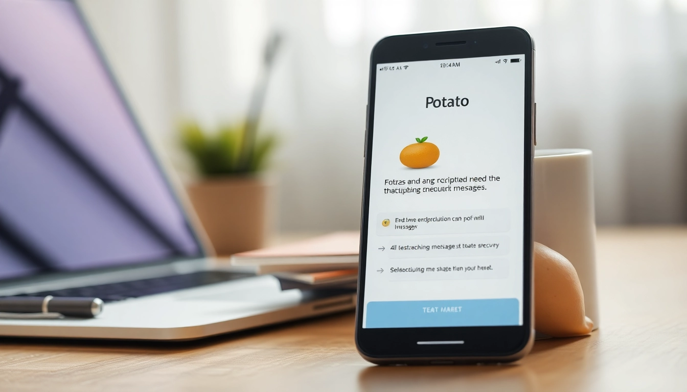 Potato下载 interface on a smartphone showcasing secure messaging features in a professional workspace.