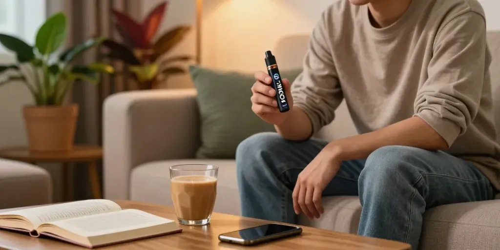 Person enjoying THCP vape pen in a cozy setting