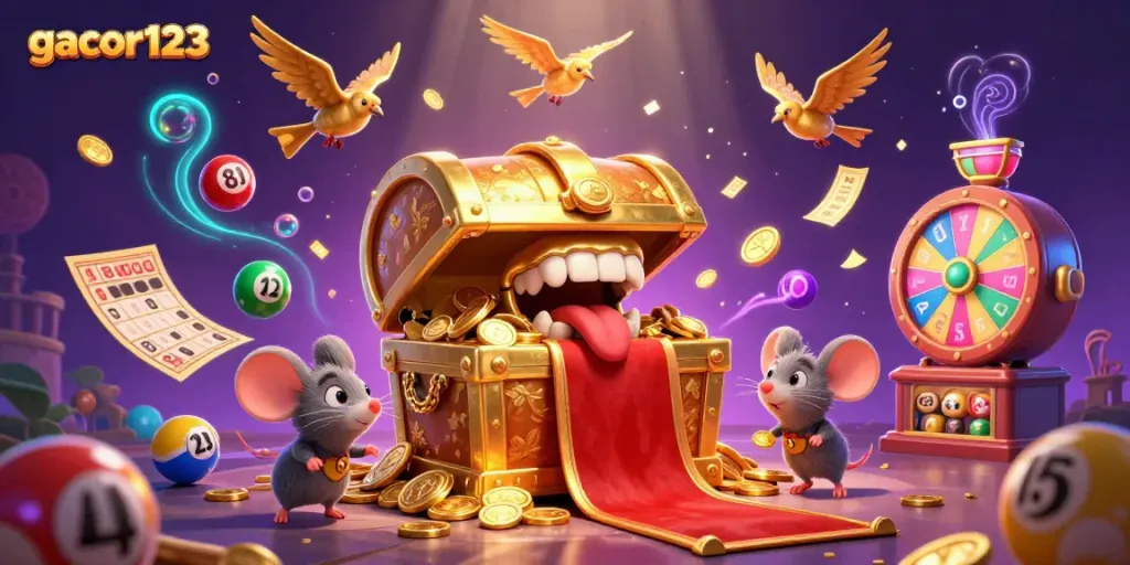 Experience the excitement of gacor123 with a vibrant lottery scene featuring golden treasure and dynamic game elements.