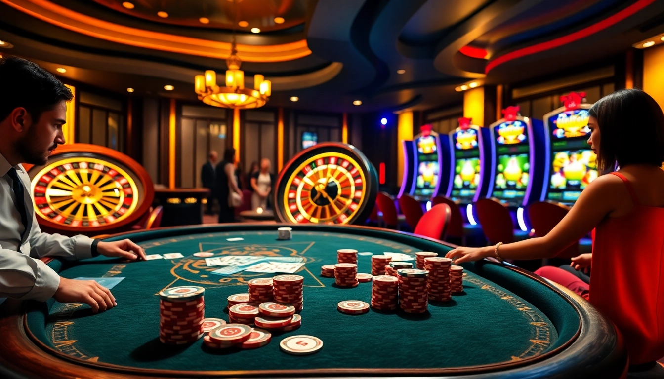 Exciting kp 88 casino poker scene with players, chips, and roulette wheel.