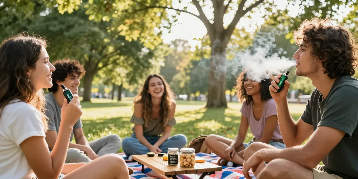 Enjoying jungle boys vapes amidst nature, friends share moments in the park with CBD snacks.