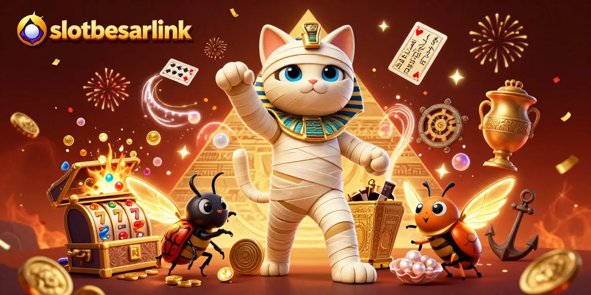 Experience winnings at slotbesarlink featuring a mummy cat and vibrant casino elements.