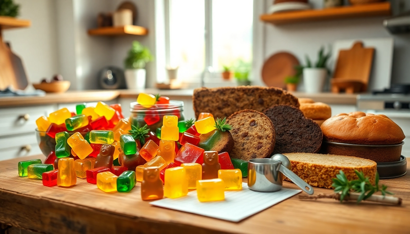 Delightful THC edible UK gummies and chocolates artfully displayed in a sunlit kitchen.