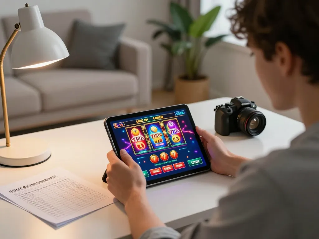Engaging with live slot games through 77WIN on tablet, showcasing responsible gambling practices