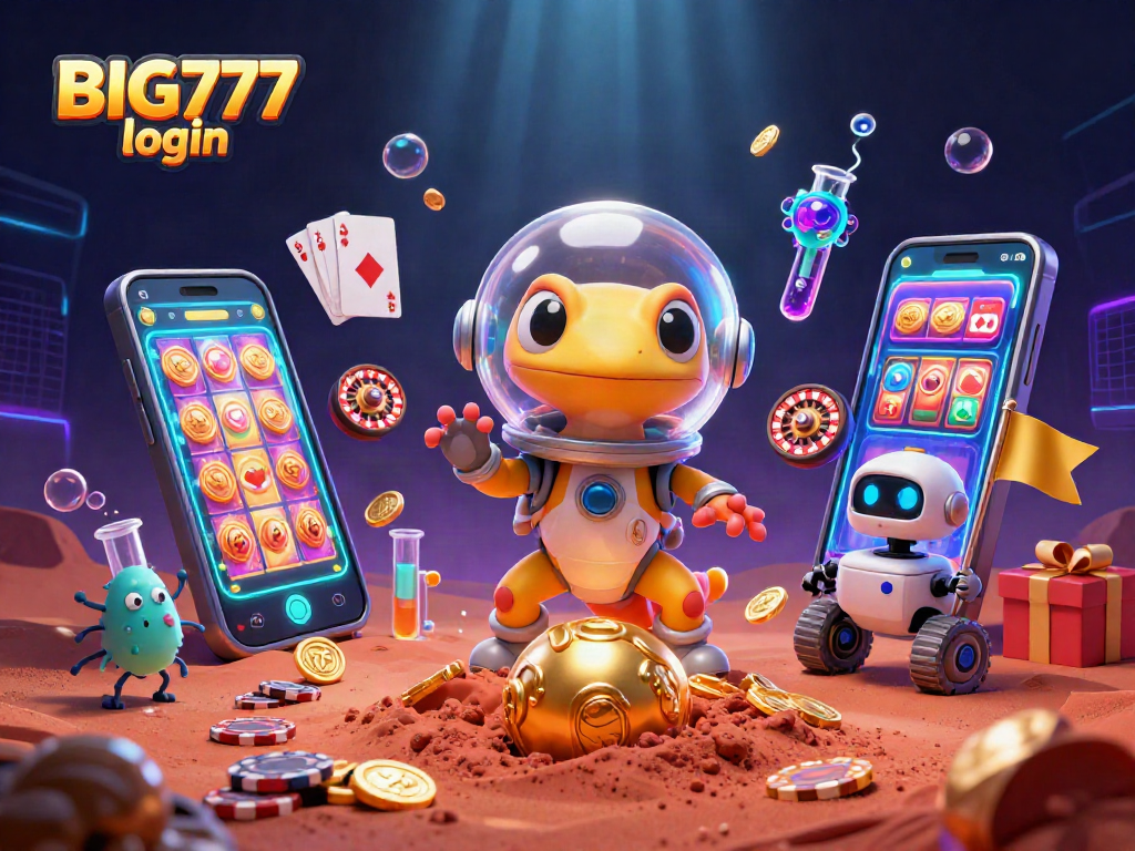 Engage with the BIG777 login experience featuring a Martian gecko exploring a golden casino.