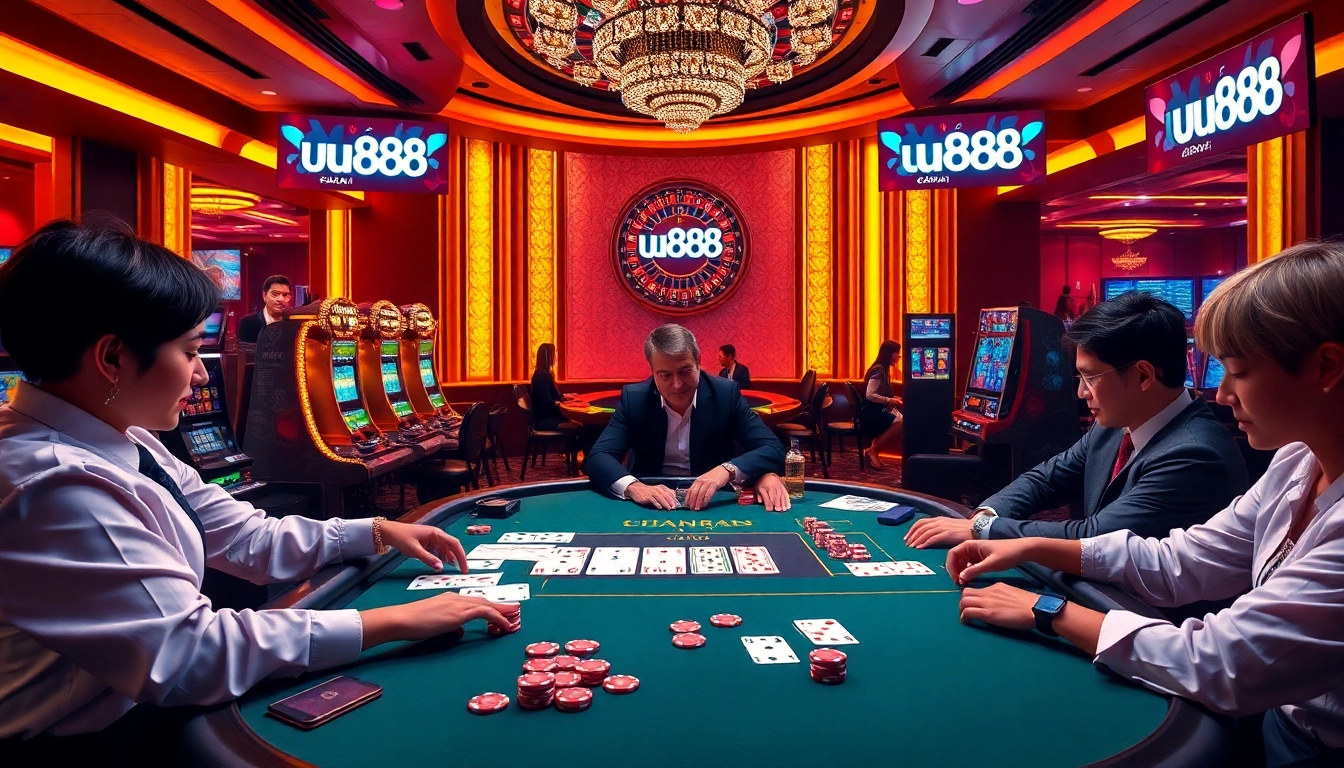 Players enjoying a poker game at the nhà cái u888 casino, featuring vibrant chips and cards.