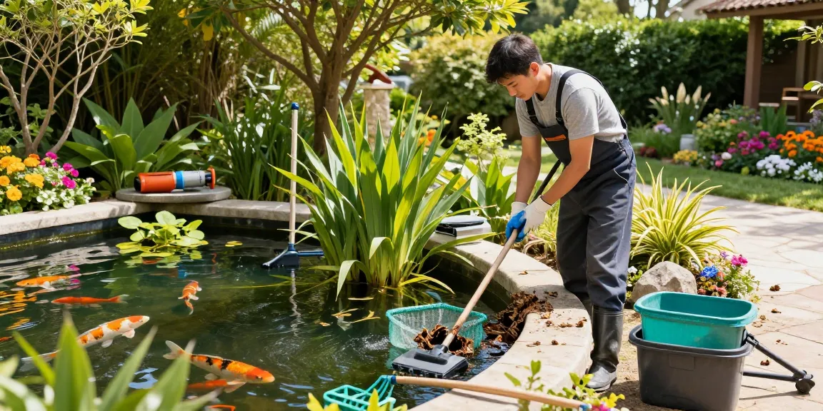 Pond Clean Essex service in action, featuring a professional cleaning a serene garden pond surrounded by lush greenery and colorful aquatic plants.
