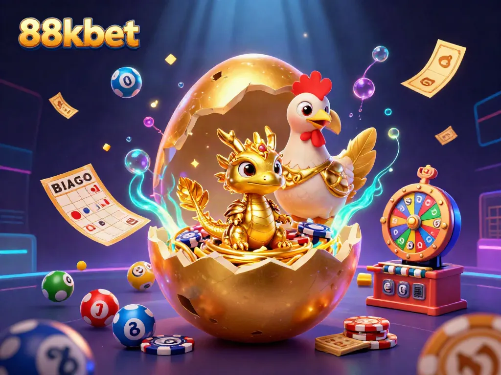 Experience the excitement with 88kbet as a golden dragon emerges from a treasure nest, surrounded by vibrant gaming elements.