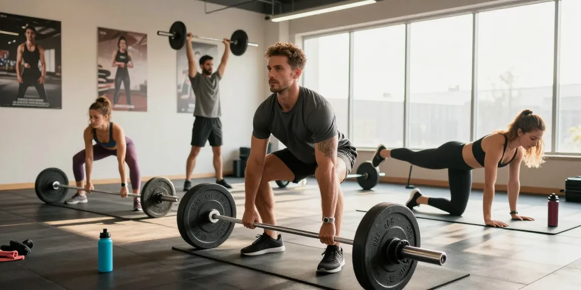 Driada Medical Shop offers a vibrant gym scene highlighting diverse fitness activities, with individuals exercising and engaging in healthy lifestyles.