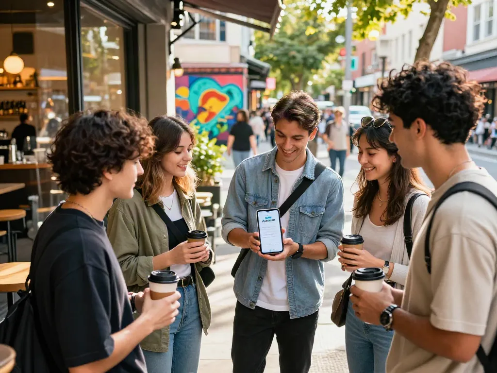 Friends enjoying city life while engaging with the rokok88 app outdoors, showcasing urban trends.