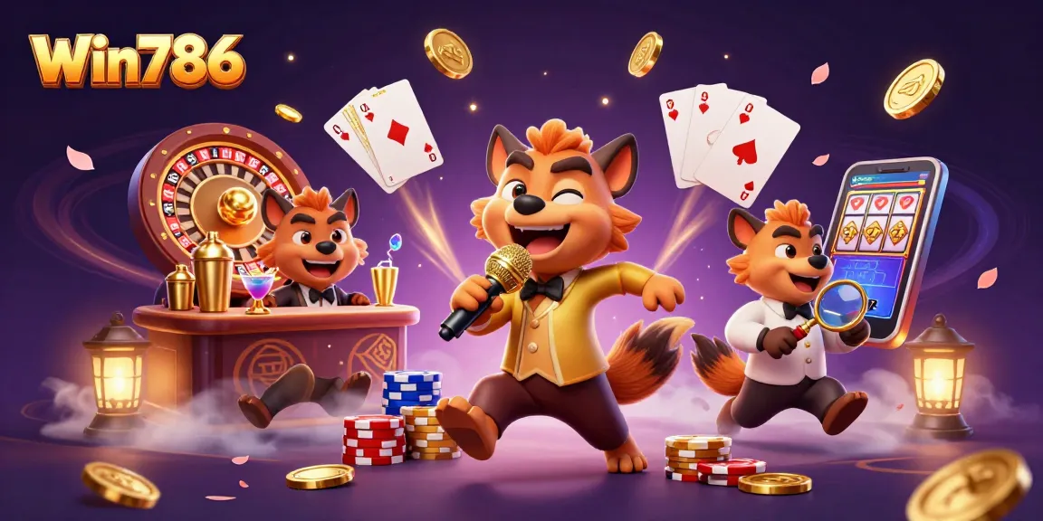 Win786 hyenas in a comedy casino scene, mixing drinks and checking IDs while enjoying thrilling gaming.
