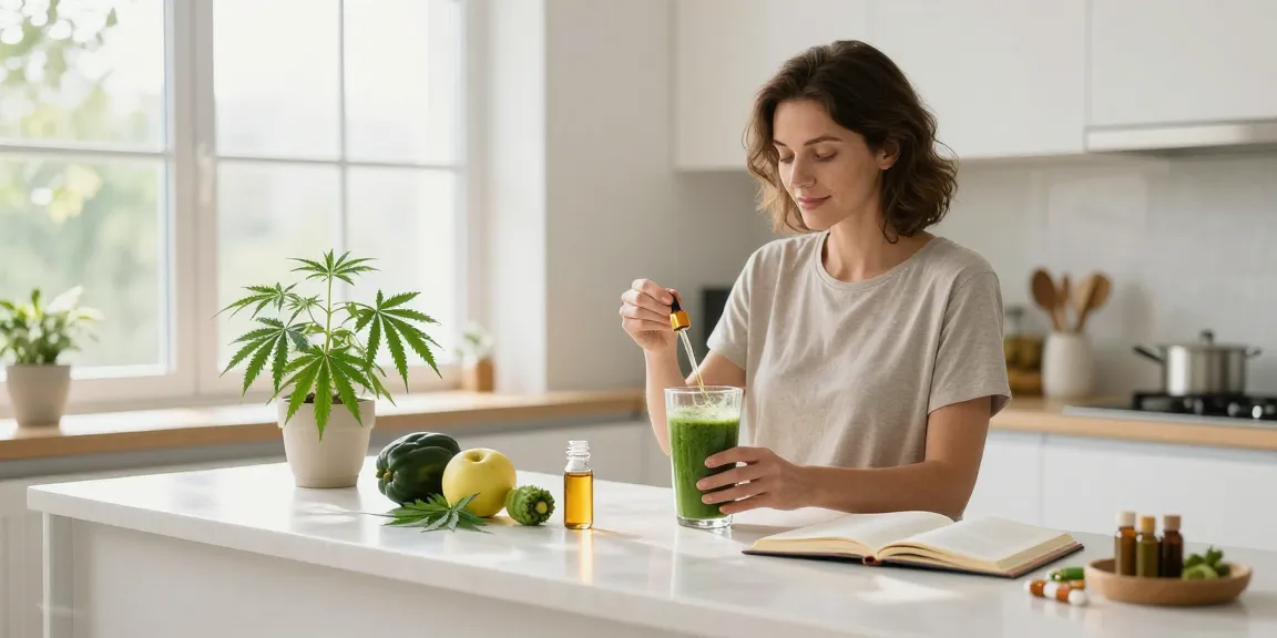 Muha Med wellness routine with CBD oil tincture, fresh ingredients and hemp plants in bright kitchen.