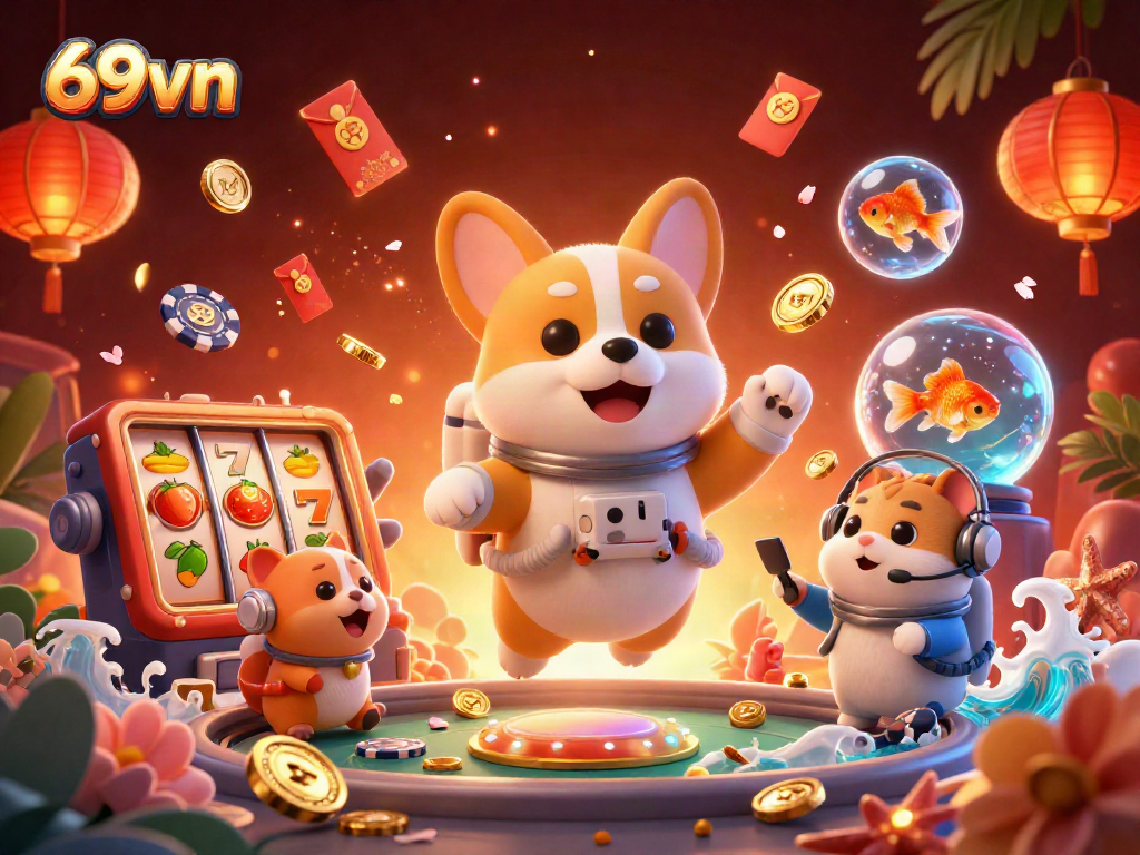 Experience thrilling gaming at 69vn with a fun, dynamic space casino scene featuring floating elements.