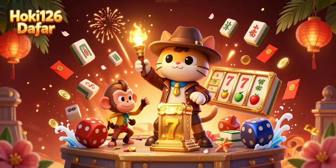 Reveal the allure of Hoki126 Daftar with an adventurous cat uncovering casino treasures amid stunning visuals.