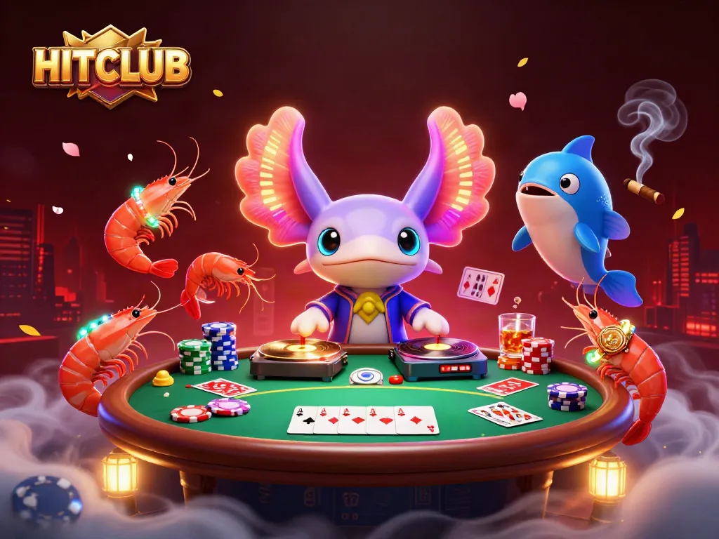 Experience thrilling gameplay with HITCLUB's vibrant casino scene featuring a lively axolotl DJ and colorful poker elements.