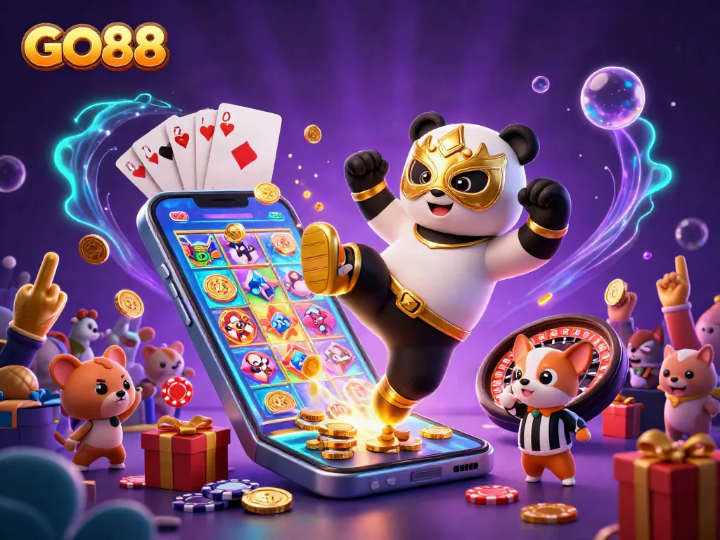 GO88: A vibrant 3D casino scene featuring a panda in a flying kick, surrounded by slot games and cheering animal fans.