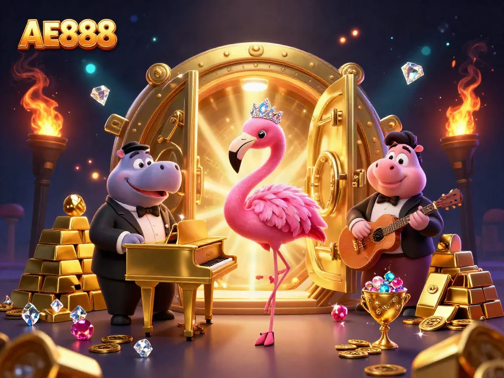 Experience the excitement at AE888 with vibrant characters in a 3D casino atmosphere filled with gems and gold.