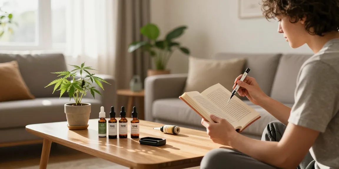 Relaxing scene with a thc vape device, CBD products and hemp plant, promoting natural wellness.