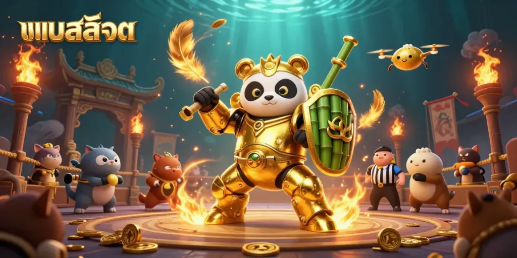 Experience the thrill of แบบสล็อต with a mech-suit panda battling in a vibrant casino arena.