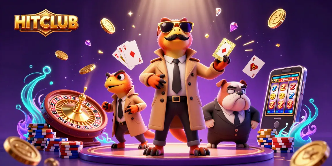Experience excitement at HITCLUB with raptors sneaking into a casino, surrounded by glittering coins and poker chips.